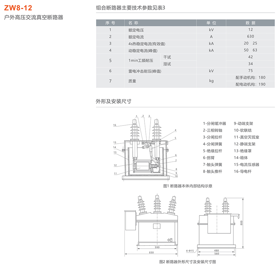 人民电器 zw8-12型户外高压交流真空断路器